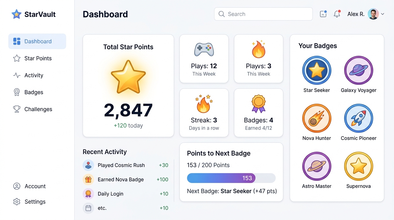 Virtual Star Points dashboard — no cash value
